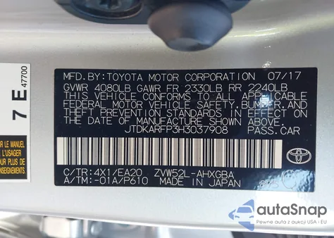 2017 Toyota Prius Prime Premium из США, поврежденный, VIN JTDKARFP3H3037908